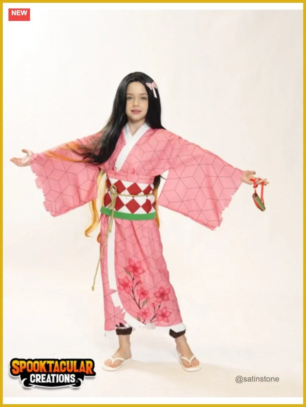 Kids Ninja Kimono Costume Set with Wig, Halloween Cosplay, Polyester, 10-12Y